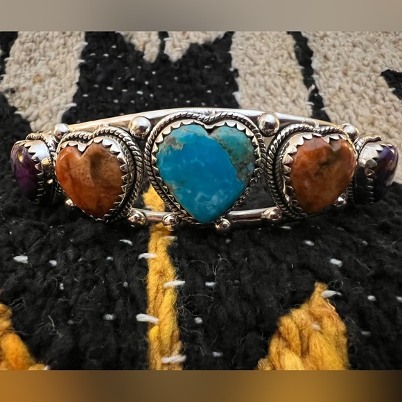 Turquoise, Spiny Oyster, Purple Dahlia 925 ADJUSTABLE Navajo Heart Cuff 26.2Gm - Picture 6 of 14
